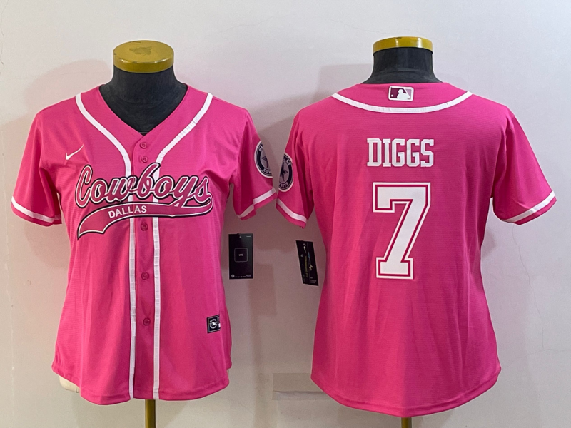 Women's Dallas Cowboys #7 Trevon Diggs Pink With Patch Cool Base Stitched Baseball Jersey(Run Small) Women's Dallas Cowboys #7 Trevon Diggs Pink With Patch Cool Base Stitched Baseball Jersey(Run Small)